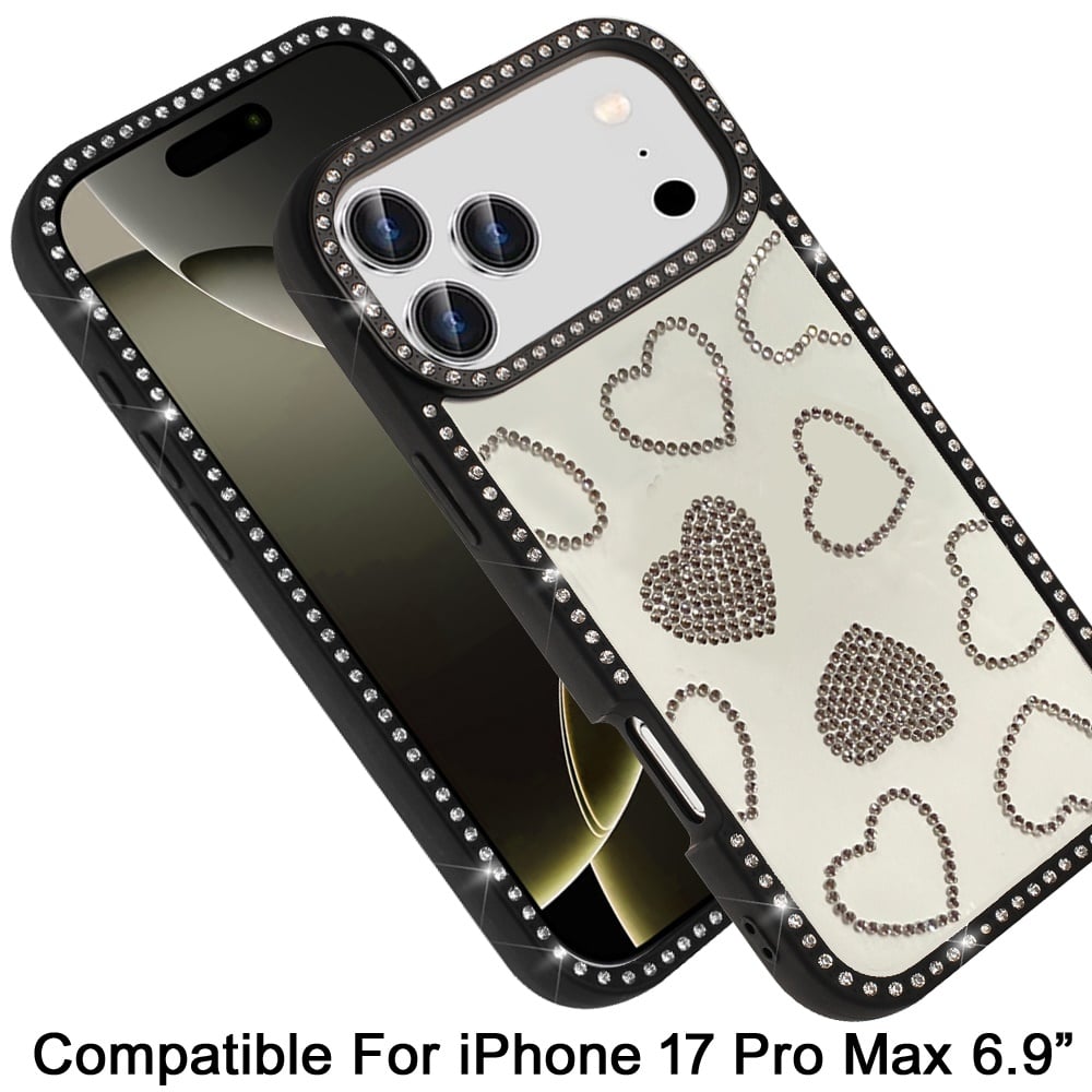 For Apple iPhone 17 Pro Max (6.9") Spread Love Glitter Shimmer Bling Diamond Edge Hybrid Drop Protection Shockproof Design Case Cover Black