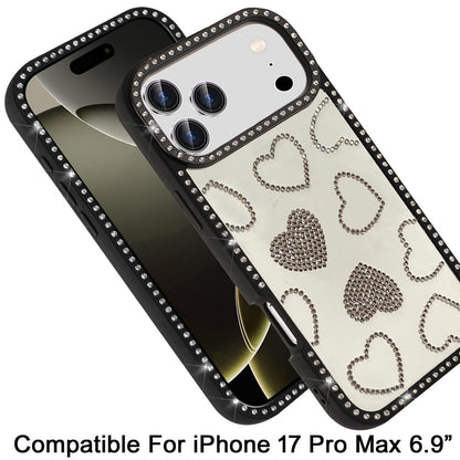 For Apple iPhone 17 Pro Max (6.9") Spread Love Glitter Shimmer Bling Diamond Edge Hybrid Drop Protection Shockproof Design Case Cover Black