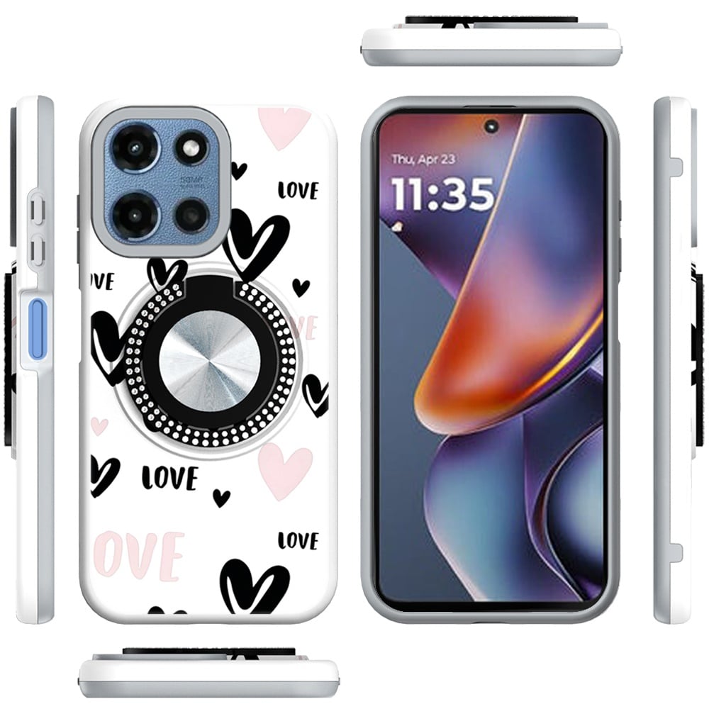 Phone Case for Motorola Moto G 5G 2026 / 2025 Magnetic Ring Stand Matte Metal Hybrid Car Mount Friendly Shockproof Rotational Grip Diamond Design Pattern Cover Love Heart Love