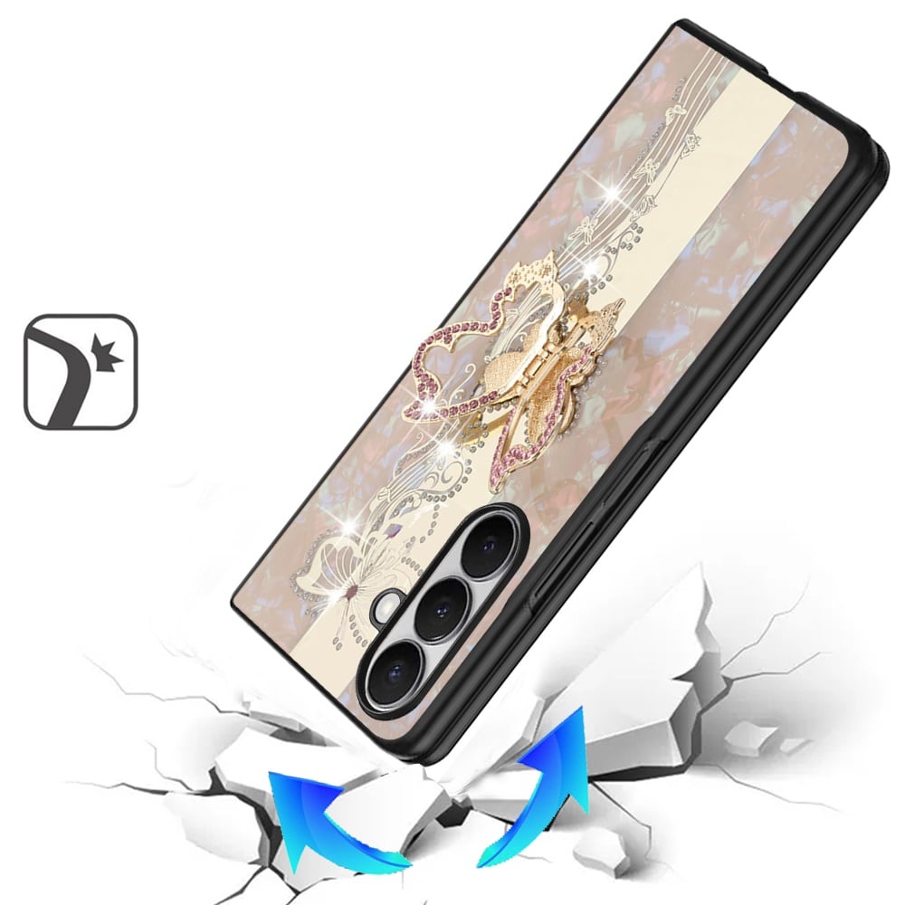 Phone Case for Galaxy Z Fold 7 Diamond 3D Fashion Floral Glitter Engraved Luxury Bling Hybrid Shockproof Chrome Edge Protective Grip Cover Gold