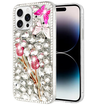 Phone Case for Apple iPhone 14 Pro Max Luxury Full Diamond Glitter 3D Floral Ornament Hybrid Shockproof Stylish Rhinestone Designer Protective Elegant Cover