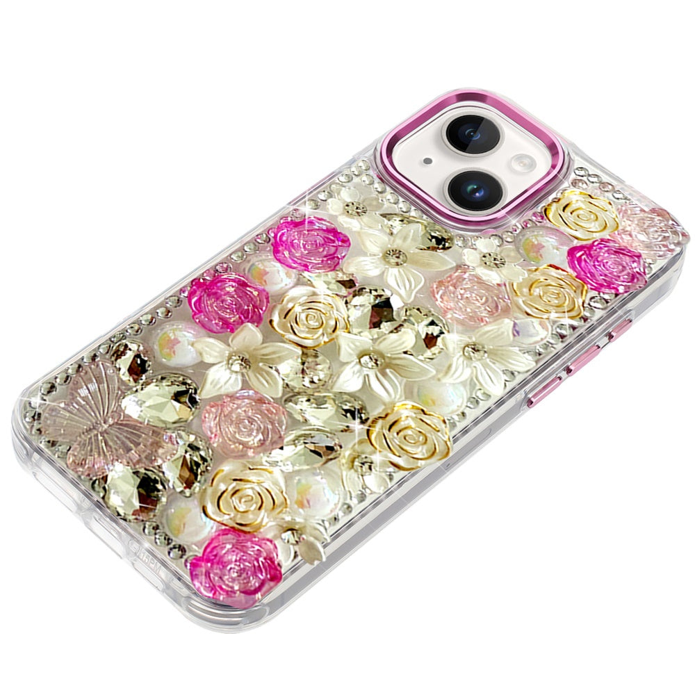 Phone Case for iPhone 14 Luxury Rose Bling Rhinestone Glitter Floral Hybrid Shockproof Stylish Protective Designer Ornament Sparkle Cover Pink