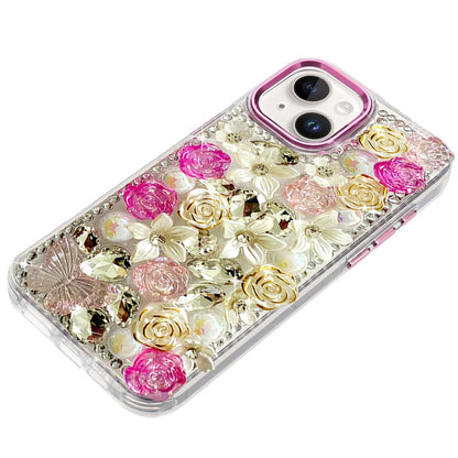 Phone Case for iPhone 14 Luxury Rose Bling Rhinestone Glitter Floral Hybrid Shockproof Stylish Protective Designer Ornament Sparkle Cover Pink