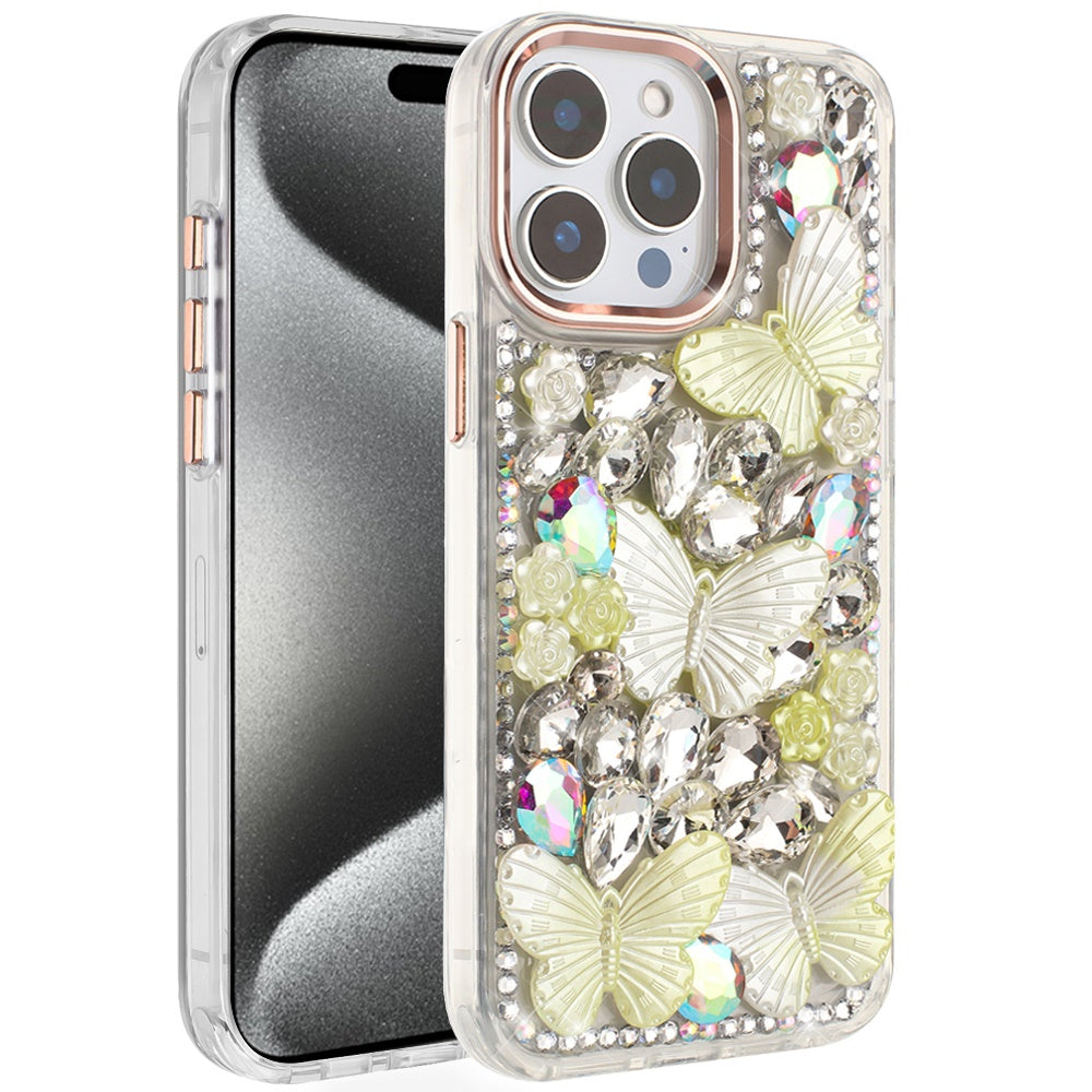 For Apple iPhone 15 Pro Max 3D Diamond Floral Butterfly Bling Stone Hybrid, Sparkly Rhinestone Gemstone Back Shockproof Case Cover