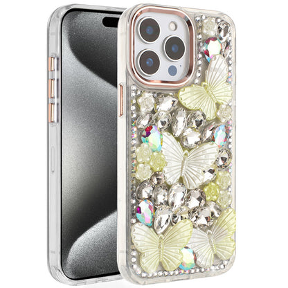 For Apple iPhone 14 Pro Max 3D Diamond Floral Butterfly Bling Stone Hybrid, Sparkly Rhinestone Gemstone Back Shockproof Case Cover