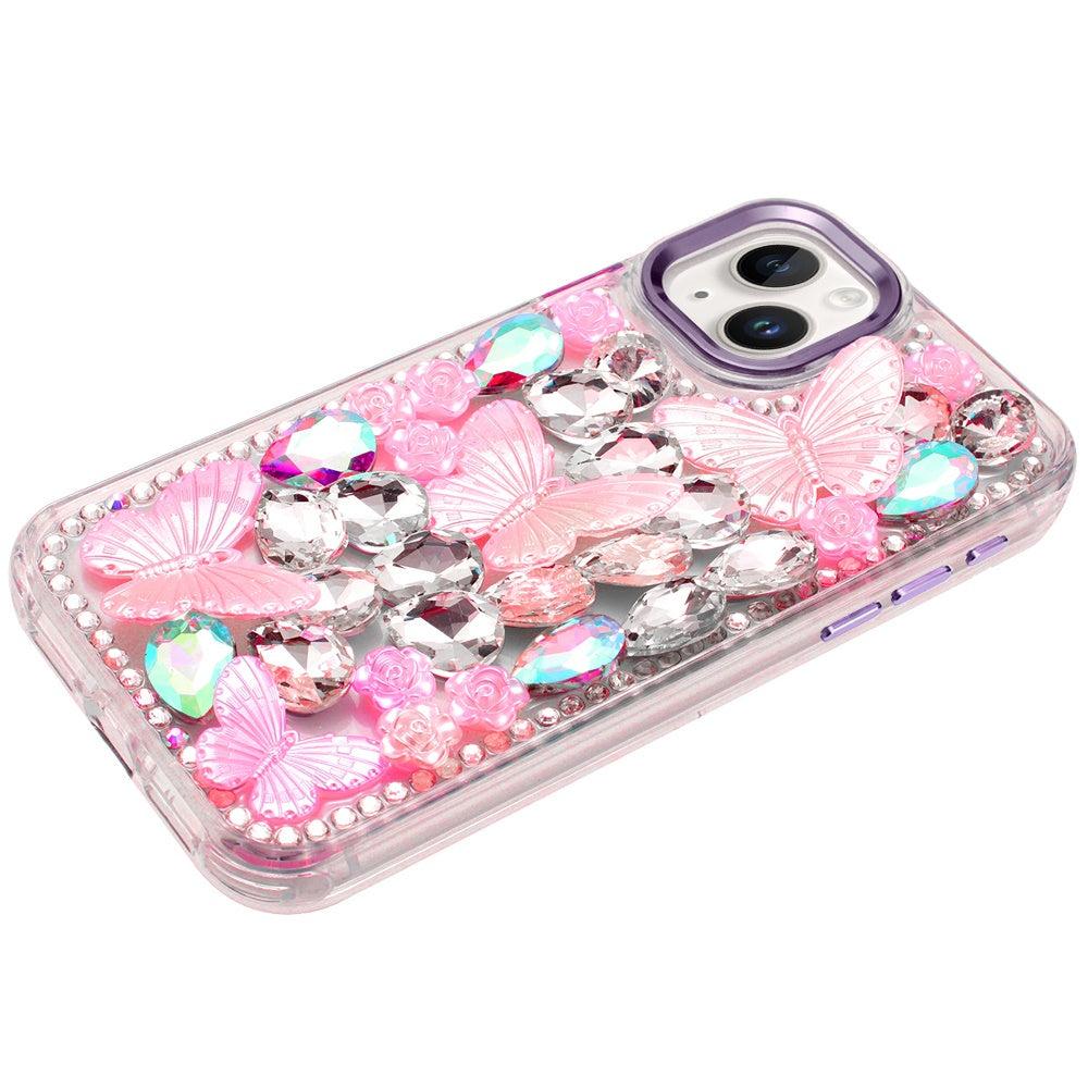 For Apple iPhone 13 Pro Max 3D Diamond Floral Butterfly Bling Stone Hybrid, Sparkly Rhinestone Gemstone Back Shockproof Case Cover