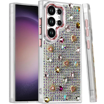 Phone Case for Samsung Galaxy S23 Ultra Chrome Fashion Hybrid Bling Diamond Heart Rhinestone Decorative Stones Sparkling Embellished Design Cover