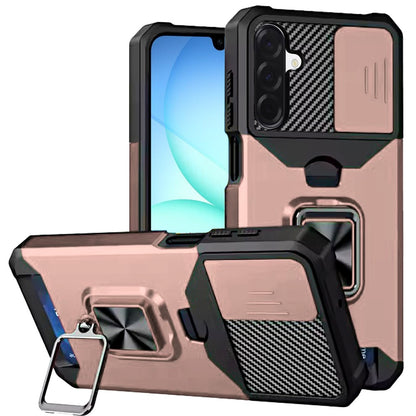For Samsung Galaxy S25 Fan Edition /Galaxy S25 FE Wallet Case with Ring Stand & Slide Camera Cover Back Credit Card Slot Holder, Military Grade Case Cover Rose Gold