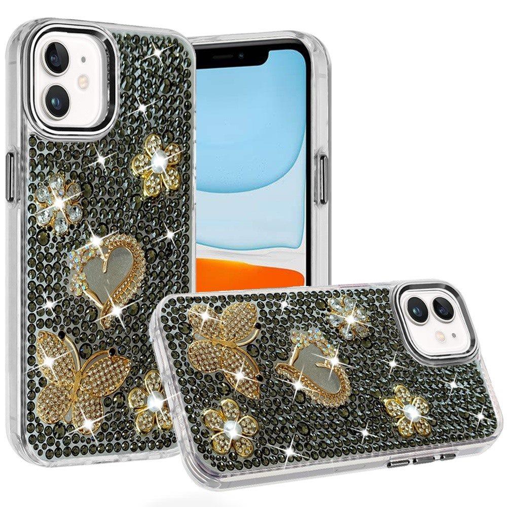 Phone Case for Apple iPhone 11 Luxury Crystal Butterfly Floral Jeweled Heart Full Diamond Design, Sparkling Decorative Details, Elegant Style Cover