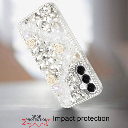 For Samsung Galaxy S26+ / S26 Plus Fashion Rose Flower Floral, 3D Bling Crystal Full Diamonds Pearl Sparkle Rhinestone Glitter Hybrid Case Cover