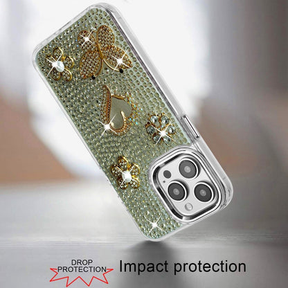 Phone Case for Apple iPhone 14 Pro Max Luxury Crystal Butterfly Floral Jeweled Heart Full Diamond Design, Sparkling Decorative Details, Elegant Style Cover Silver