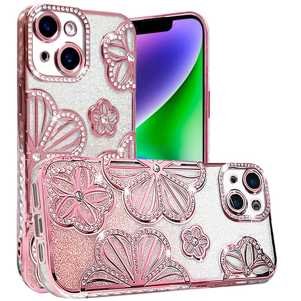 Phone Case for Apple iPhone 14/13 Shimmer Glitter Floral Thick TPU Shockproof Durable Grip Camera Protection Anti-Scratch Stylish Design Cover Rose Gold