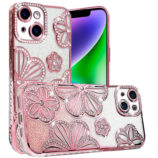 Phone Case for Apple iPhone 14/13 Shimmer Glitter Floral Thick TPU Shockproof Durable Grip Camera Protection Anti-Scratch Stylish Design Cover Rose Gold
