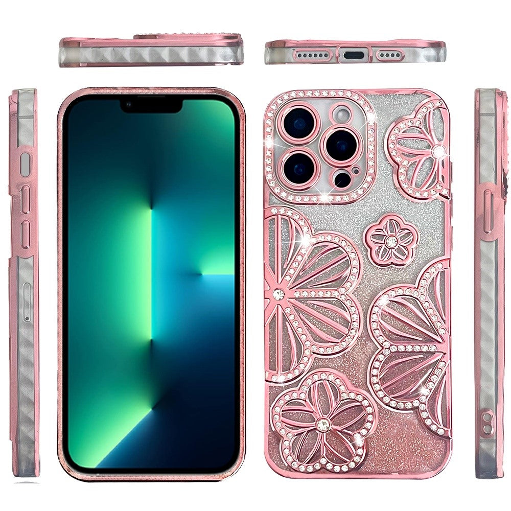 For Apple iPhone 13 Pro Luxury Flower Design Sparkle Glitter Diamond Rhinestone Shimmer Bling Plating Thick TPU Hard PC Case Cover