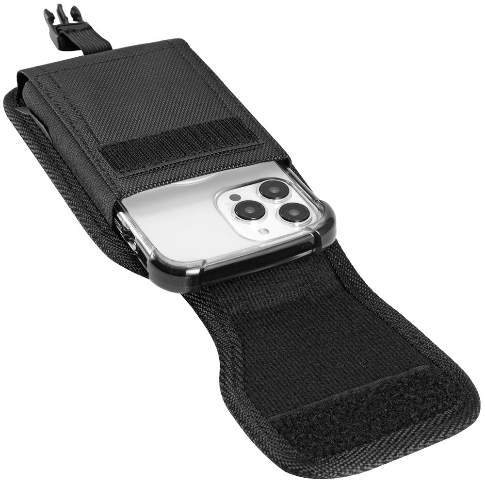 For Apple iPhone 16 (6.1") Universal Pouch Case Vertical Phone Holster Nylon Cover with Front Buckle, Belt Clip Loop & Hook Carabiner [Black]