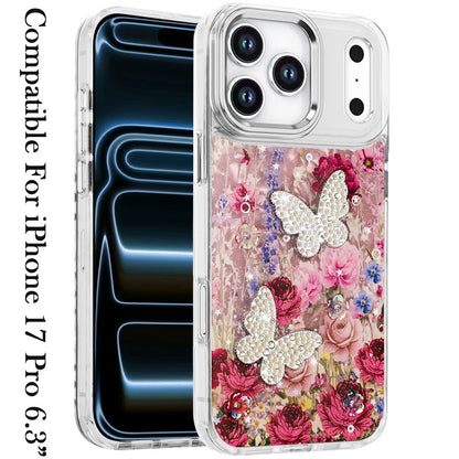 For Apple iPhone 17 Pro (6.3") Epoxy Glitter Flowers Bling 3D Butterfly Fashion TPU Hybrid with Shockproof Protection Case Cover