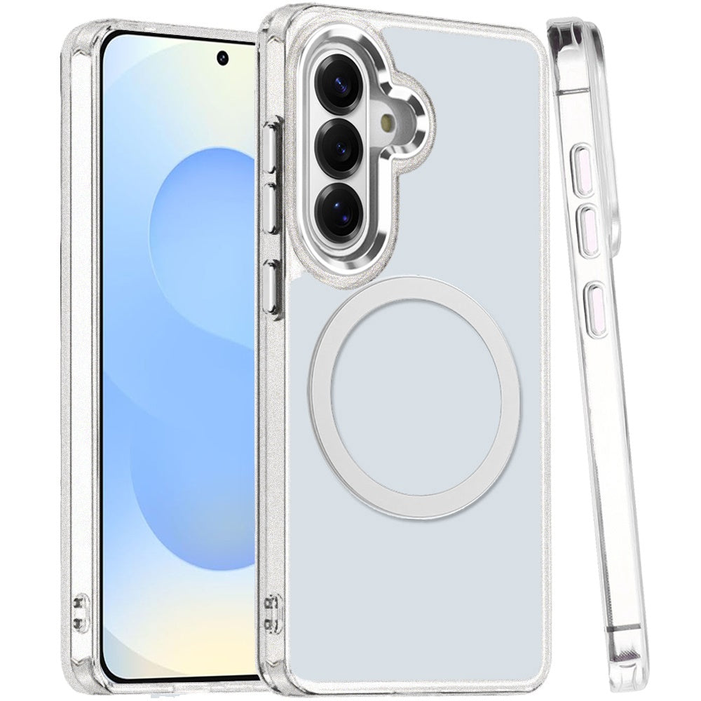 For Samsung Galaxy S25 /S24 Transparent Back Hybrid Case - Magnetic Circle, Color Frame, Metal Buttons, MagSafe Compatible Case Cover
