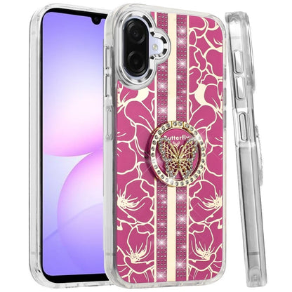 Phone Case for Samsung Galaxy A08 4G, A07 5G, A07 4G Floral Butterfly Ring Stand Glitter Bling Shockproof Hybrid Luxury Fashion Protective Anti Slip Durable Grip Cover