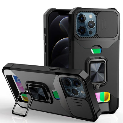 Phone Case for Apple iPhone 12 Pro Max Card Holder Magnetic Ring Stand Shockproof Anti Slip Wallet Grip Protective Hybrid Design Cover Black