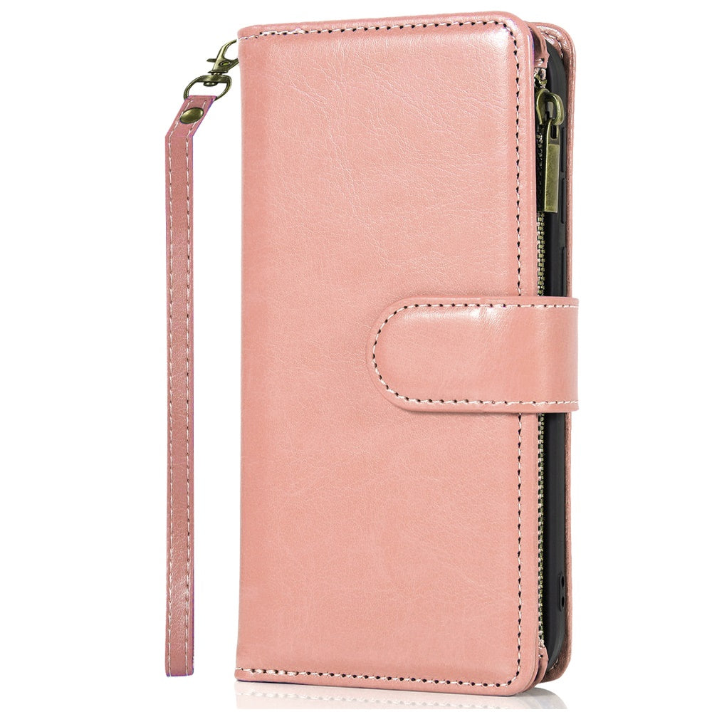Phone Case for Samsung Galaxy A57 Luxury Leather Wallet Card Holder Zipper Pocket Money Storage Protective Grip Design with Strap Cover Pink