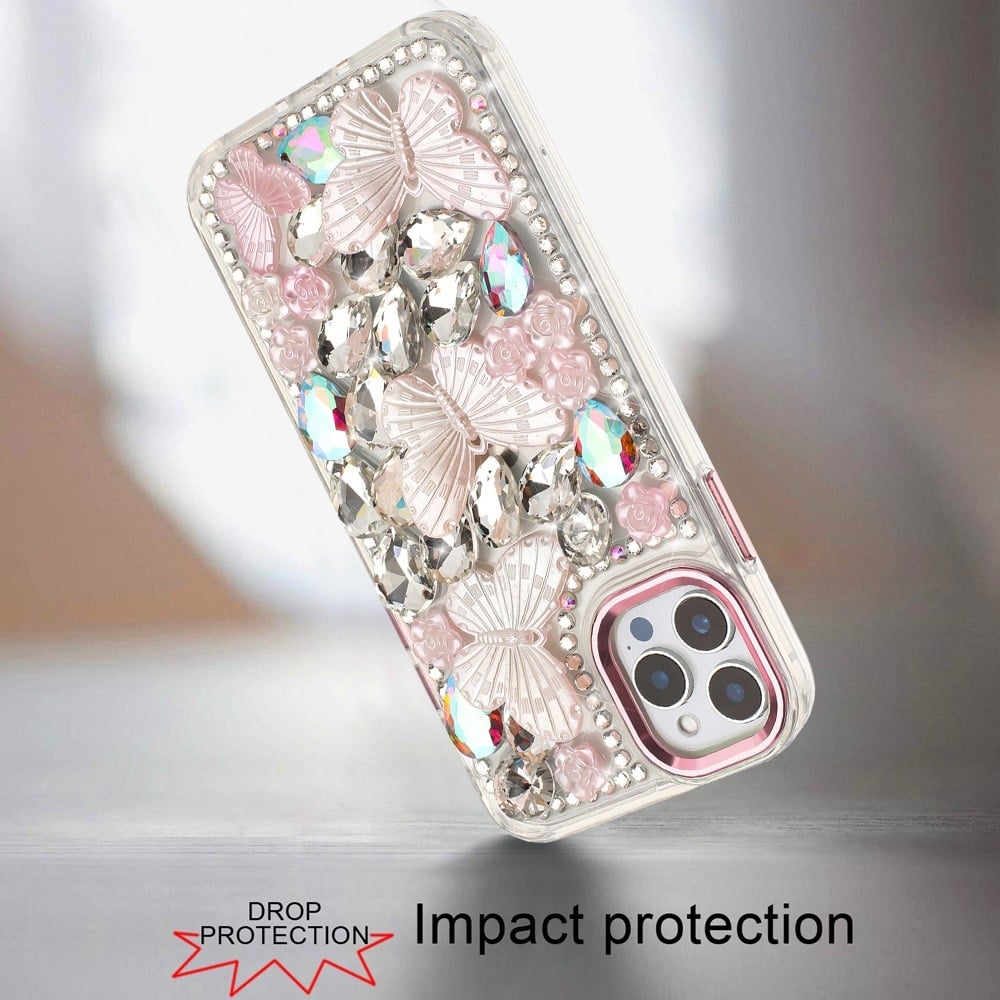 Phone Case for Apple iPhone 12 Pro Max Luxury 3D Floral Butterfly Bling Rhinestone Glitter Shockproof Stylish Protective Hybrid Designer Metallic Cover Pink
