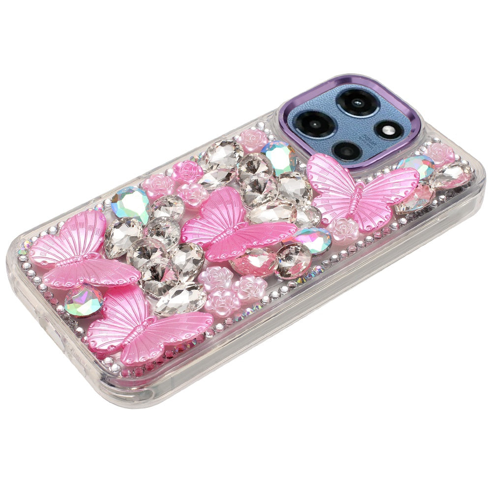 Phone Case for Motorola Moto G 5G 2026 /2025 Luxury 3D Floral Butterfly Bling Rhinestone Glitter Shockproof Stylish Protective Hybrid Designer Metallic Cover Purple