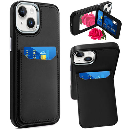 For Apple iPhone 15 PU Leather Wallet Cover with Credit Card Holder, Kickstand & Mirror Inside Slim Fit TPU & PC Hybrid Design Case Cover