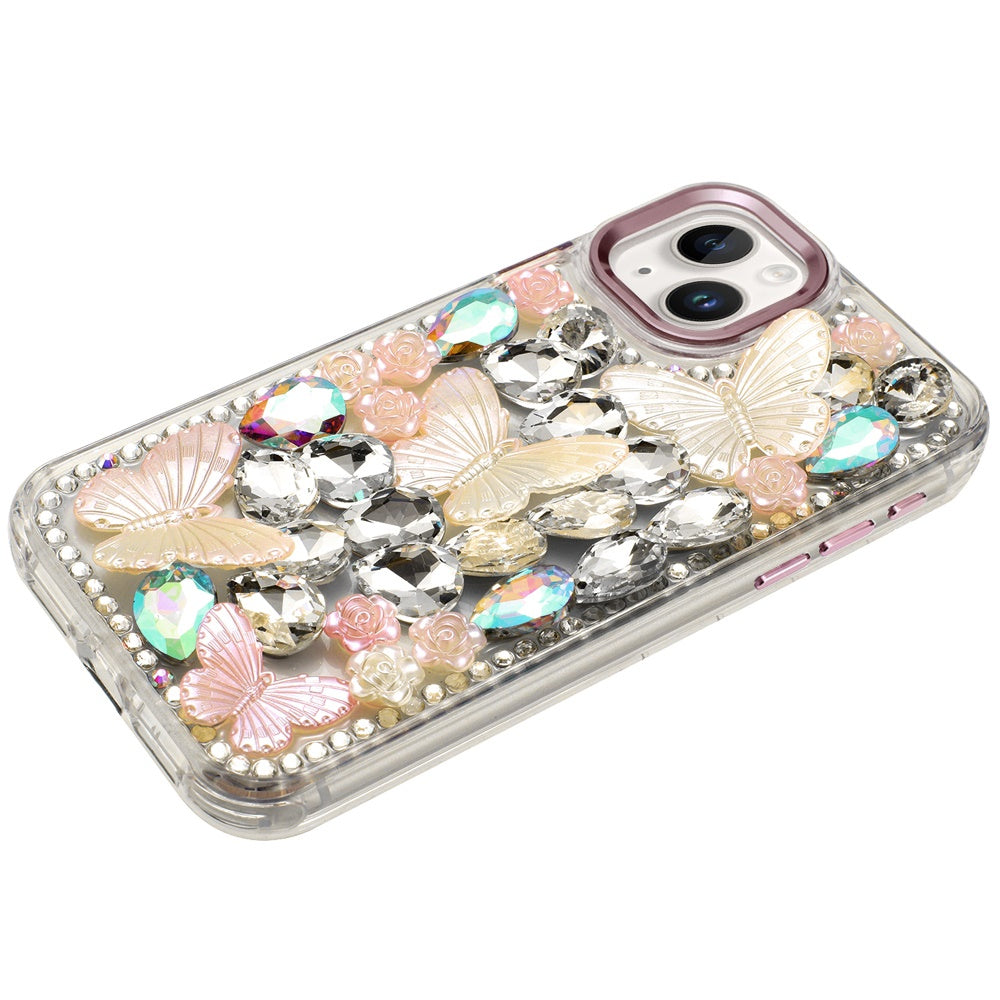 For Apple iPhone 15 3D Diamond Floral Butterfly Bling Stone Hybrid, Sparkly Rhinestone Gemstone Back Shockproof Case Cover