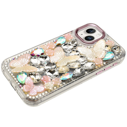 For Apple iPhone 14 /13 3D Diamond Floral Butterfly Bling Stone Hybrid, Sparkly Rhinestone Gemstone Back Shockproof Case Cover