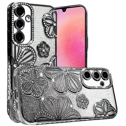 For Samsung Galaxy S24 Fan Edition /Galaxy S24 FE Luxury Flower Design Sparkle Glitter Diamond Rhinestone Shimmer Bling Plating Thick TPU Hard PC Case Cover