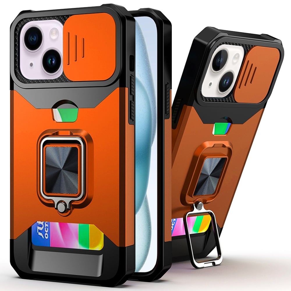 For iPhone 15 Plus (6.7") Wallet Case with Ring Stand & Slide Camera Cover Back Credit Card Slot Holder, Military Grade Case Cover Cosmic Orange