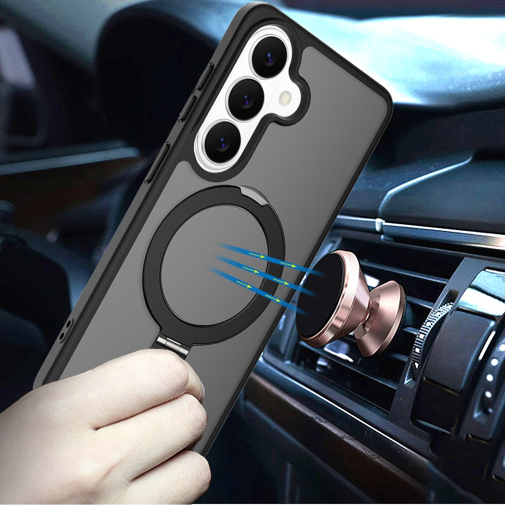 Phone Case for Samsung Galaxy S25 FE / S25 Fan Edition Magnetic Ring Stand Full Rotation Matte Shockproof Grip Anti Slip Durable Camera Protection Hybrid Cover Black