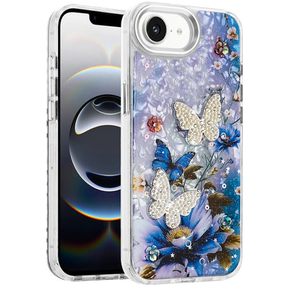 For Apple iPhone 17E /16E Epoxy Glitter Flowers Bling 3D Butterfly Fashion TPU Hybrid with Shockproof Protection Case Cover