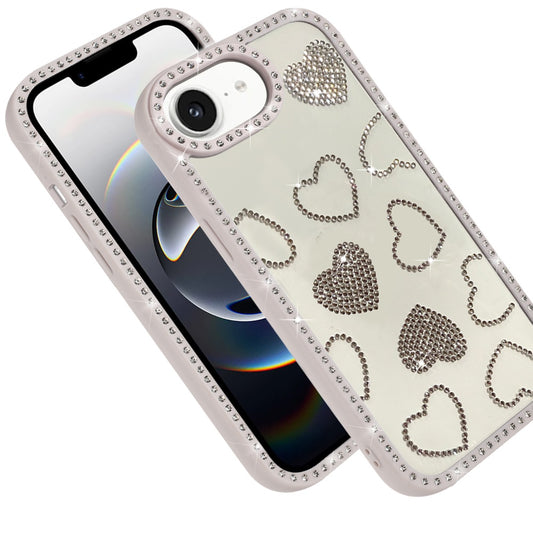 For Apple iPhone 17E /16E Spread Love Glitter Shimmer Bling Diamond Edge Hybrid Drop Protection Shockproof Design Case Cover Beige