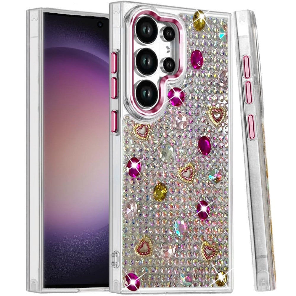 Phone Case for Samsung Galaxy S23 Ultra Chrome Fashion Hybrid Bling Diamond Heart Rhinestone Decorative Stones Sparkling Embellished Design Cover