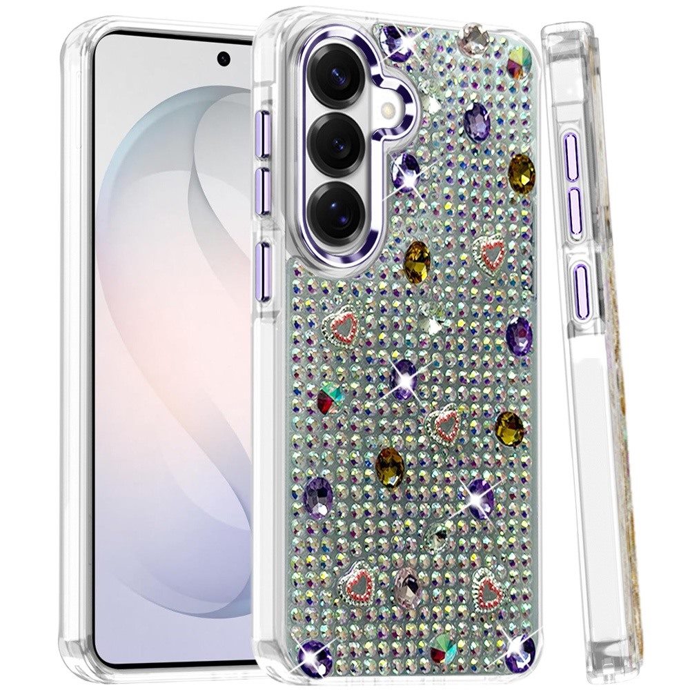 Phone Case for Samsung Galaxy S26 FE /Fan Edition Chrome Fashion Hybrid Bling Diamond Heart Rhinestone Decorative Stones Sparkling Embellished Design Cover