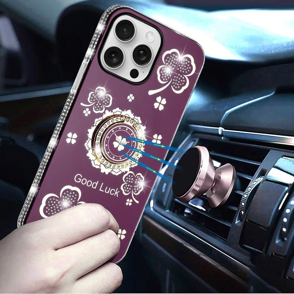 Phone Case for Apple iPhone 14 Pro Max Glitter Diamond Ring Stand Sparkle Rhinestone Edge AntiSlip Kickstand Luxury Fashion Bumper Shockproof Cover Red