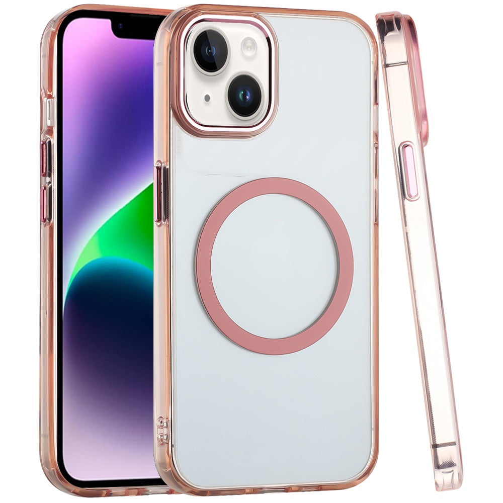 Phone Case for Apple iPhone 14/13 Magnetic Clear Acrylic Metal Button Camera Guard Shockproof Transparent Slim Grip Premium Hybrid Cover Rose Gold