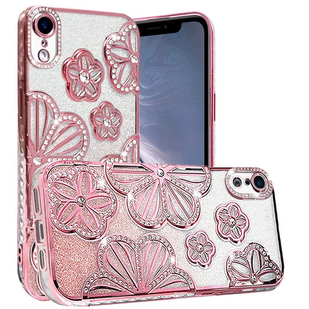 For iPhone XR Luxury Flower Design Sparkle Glitter Diamond Rhinestone Shimmer Bling Plating Thick TPU Hard PC Case Cover