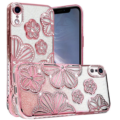 For iPhone XR Luxury Flower Design Sparkle Glitter Diamond Rhinestone Shimmer Bling Plating Thick TPU Hard PC Case Cover
