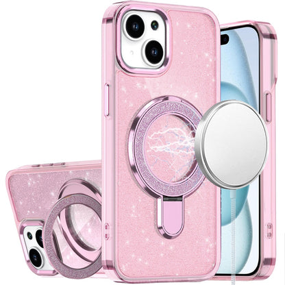 Phone Case for Apple iPhone 15 Transparent Glitter Bling Magnetic Ring Stand Shockproof Anti Slip Rotating Grip Protective Hybrid Durable Armor Cover Pink
