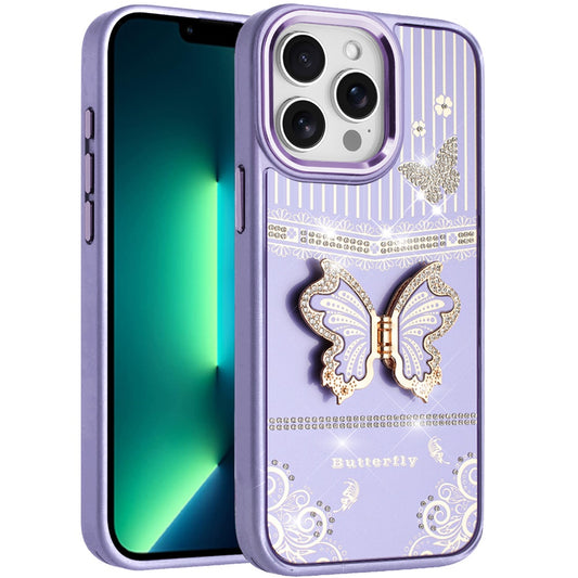 For Apple iPhone 13 Pro Max Glitter 3D Butterfly Design Bling Metallic Edge Hybrid Stand Drop Protection TPU Shockproof Case Cover Dark Purple