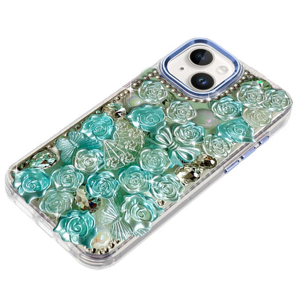 Phone Case for Apple iPhone 14/13 3D Flower Bling Rhinestone Glitter Cute Stylish Shockproof Protective Decorative Luxury Grip Stones Ornaments Cover Blue