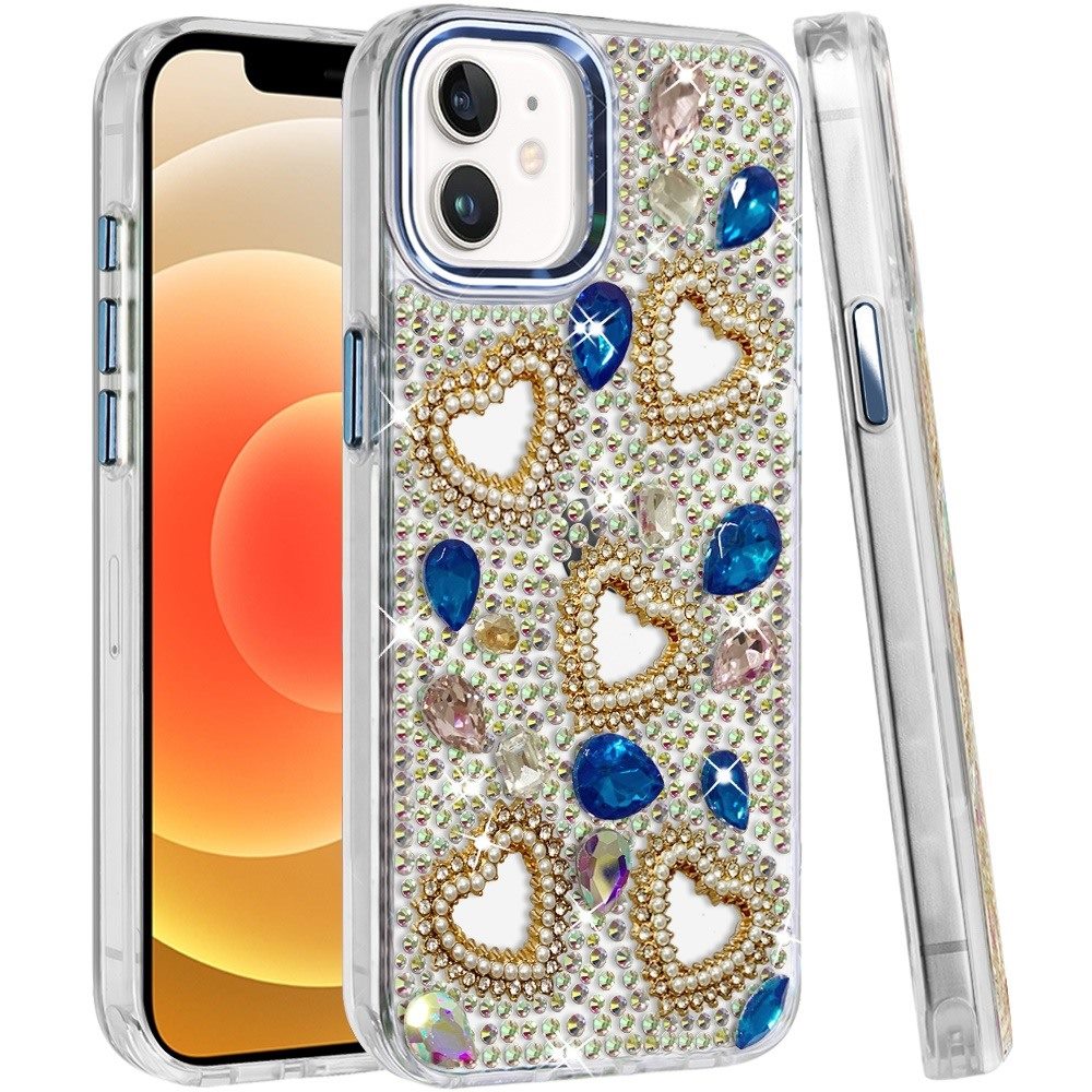 Phone Case for Apple iPhone 12 /12 Pro Luxury Crystal Heart Rhinestone Diamond Bling Shockproof Hybrid Glitter Protective Stylish Durable Grip Cover