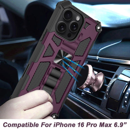 Phone Case for Apple iPhone 16 Pro Max Built in Magnetic Hiden Kickstand Shockproof Rugged Armor Grip Hybrid Heavy Duty Anti Slip Protective Style Cover Purple