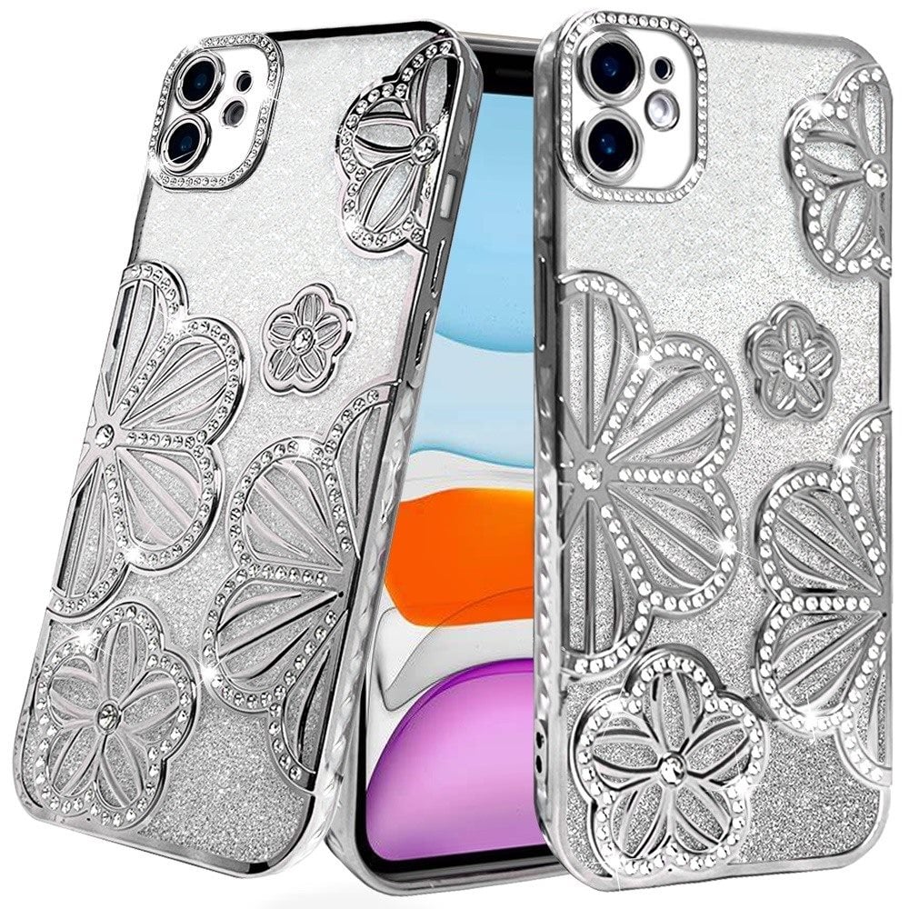 Phone Case for Apple iPhone 11 Shimmer Glitter Floral Thick TPU Shockproof Durable Grip Camera Protection Anti-Scratch Stylish Design Cover Silver