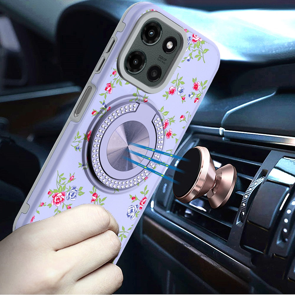 For Motorola Moto G Stylus 5G 2025 Pattern Design Hybrid with Invisible Ring Stand & Magnetic Back, Shockproof Protective Grip Case Cover