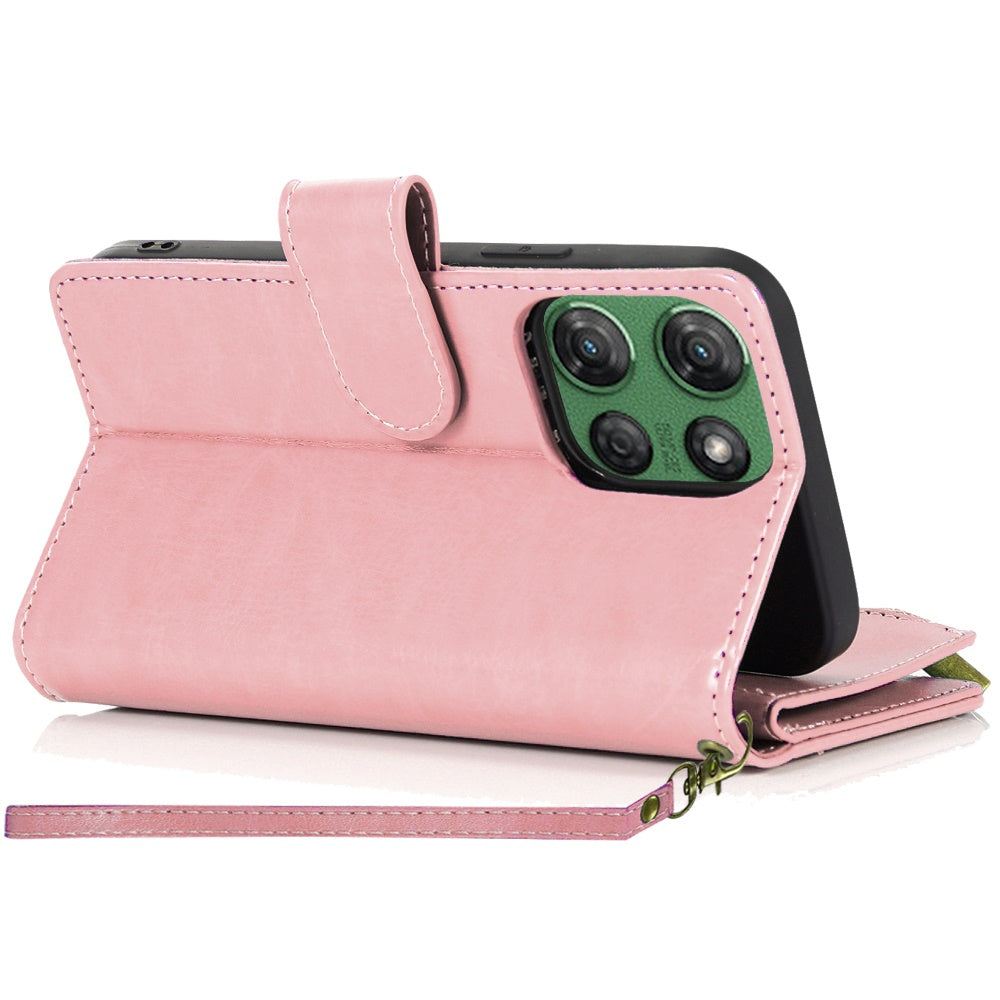 For Samsung Galaxy A37 Leather Wallet Case with Zipper, 9 Card Slots, Cash Pocket, Stand & Strap, Clutch Pouch Design Case Cover Rose Gold