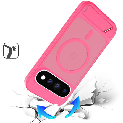 Phone Case for Google Pixel 11 Pro XL Matte Magnetic Metal Kickstand Shockproof Grip Anti Slip Durable Protective Heavy Duty Hybrid Cover Pink