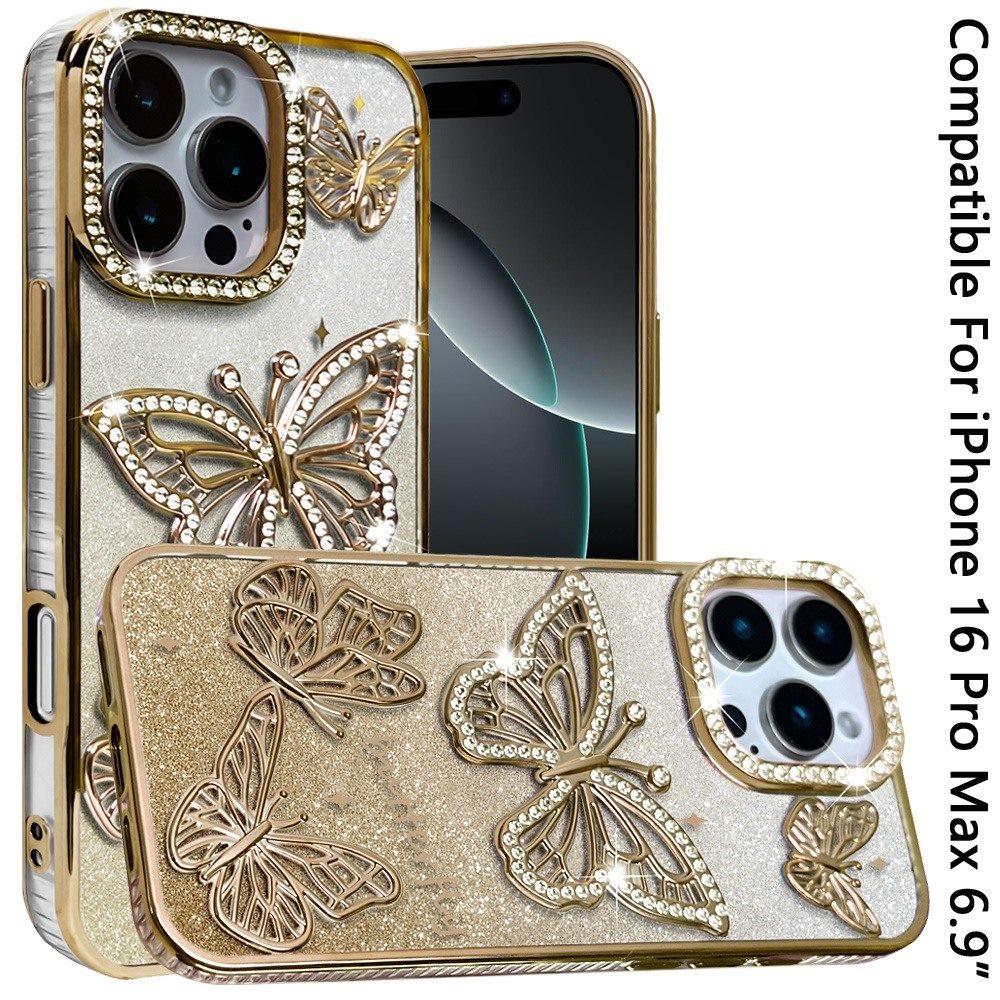 Phone Case for Apple iPhone 16 Pro Max Butterfly Freedom Shimmer Glitter Thick TPU Shockproof Anti Slip Durable Protective Design Cover